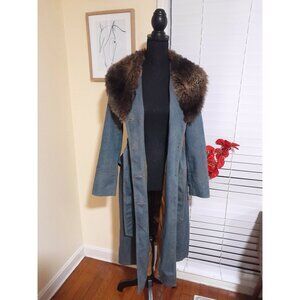 Vintage Y2k 2001 Glitter Denim Faux Fur Belted Gap Trench Coat Women's Small